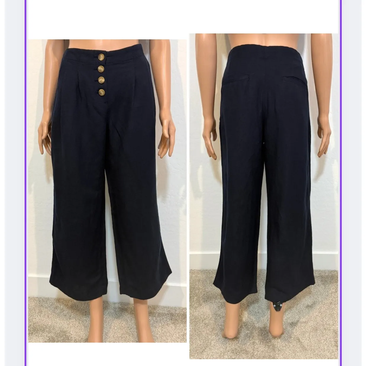 Loft XS navy wide leg cropped linen pleated button front pant P 2785 - Image 10