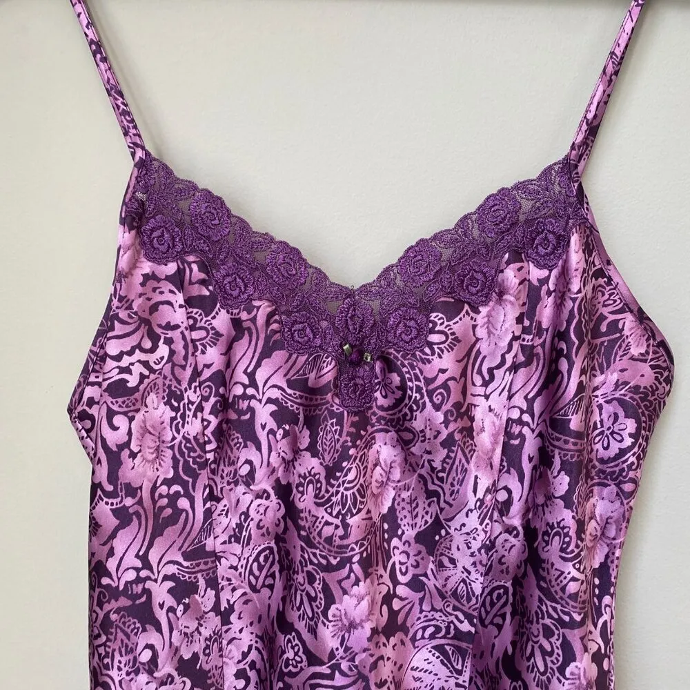 VTG Sophia by Delicates Women's Medium Satin Lace Floral Slip Dress Nightgown Purple - Image 6