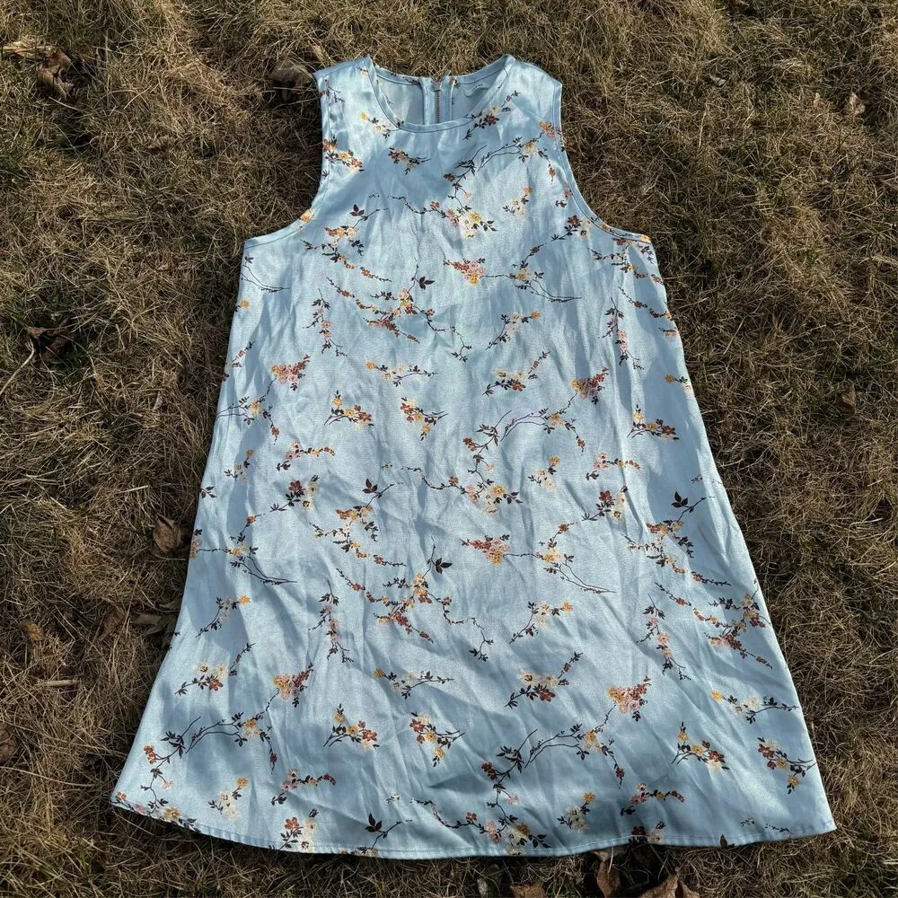 Kimchi Blue Dress Blue Floral Satin Sleeveless Tunic Shift - Image 4