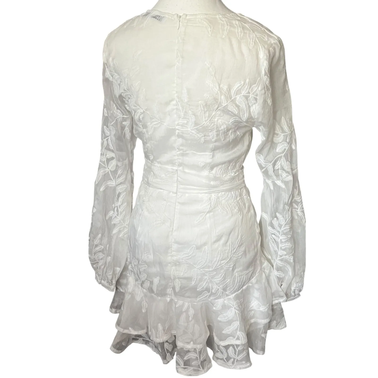 Hello Molly White Floral Embroidered Sheer Long Sleeve Ruffle Mini Dress Sz S‎ - Image 5