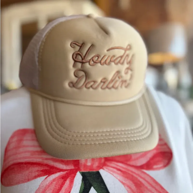 “Howdy Darlin'' Embroidered Trucker Hat Neutral SnapBack Western Neutral Country Tan - Image 4