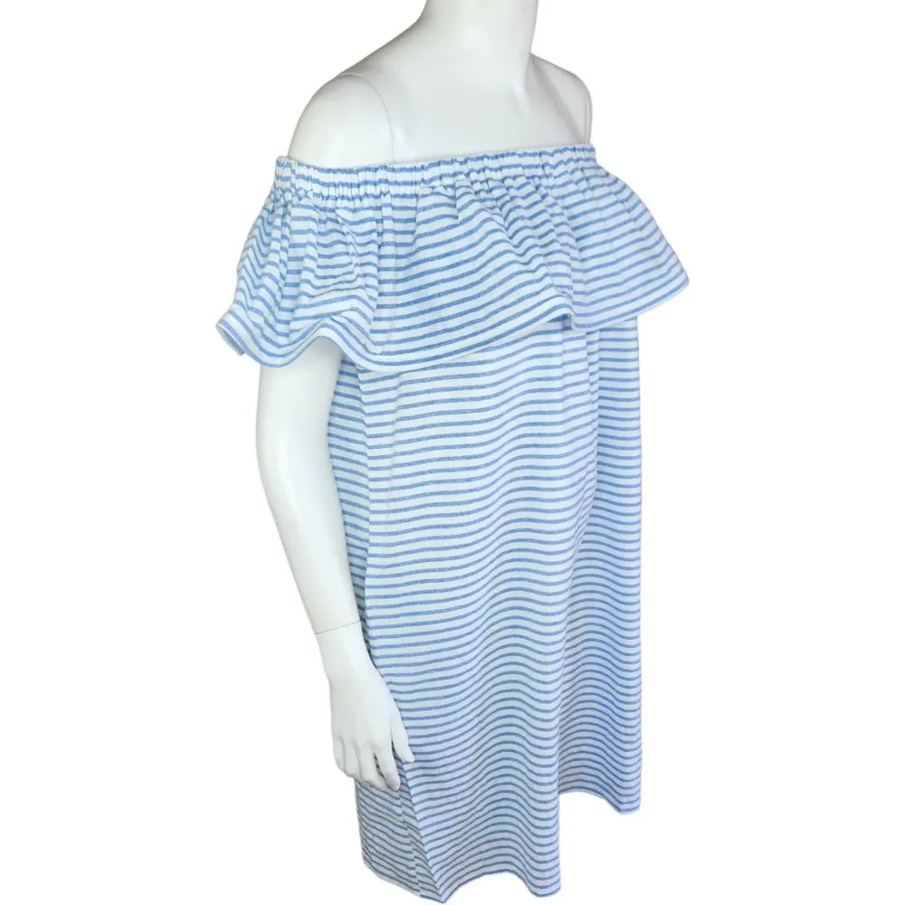 Revolve Line & Dot Dress Womens Large Lea Blue White Stripe Off Shoulder Ruffle - Image 98