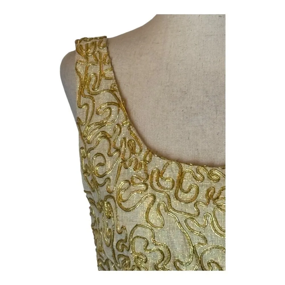 Carmen Marc Valvo Dress Women 4‎ Gold Silk Metallic Embroidered Mini Shea… - Image 6
