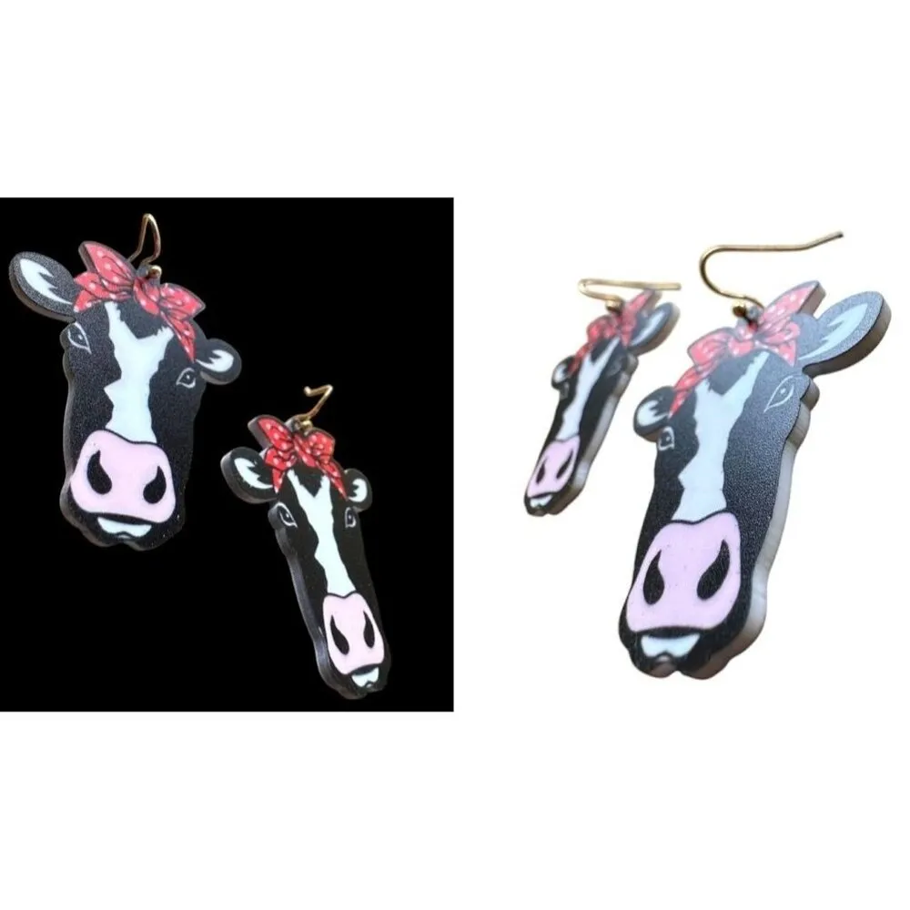 Christmas Cow Earrings Dangle Hooks Handmade New Heifer Calf Bovine Farm… Black - Image 11