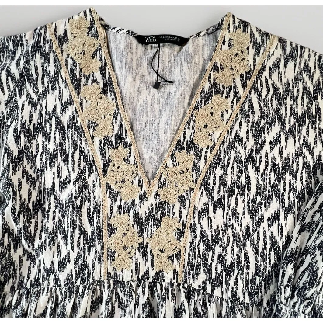 Zara Boho Tunic Top Dress‎ S Black Cream Ikat Print Crochet Embroidered V Neck - Image 2