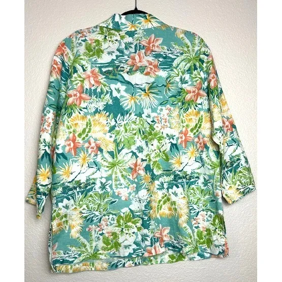 Vintage Hot Cotton Tropical Floral Print Button Up Shirt Women's XL 100% Linen Green - Image 4