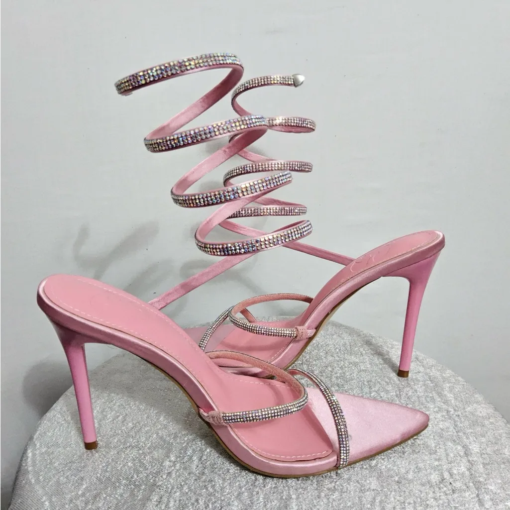✨ Pink Rhinestone Spiral Heels | Satin Pointed Toe Stilettos (Size 8) (B14) - Image 5
