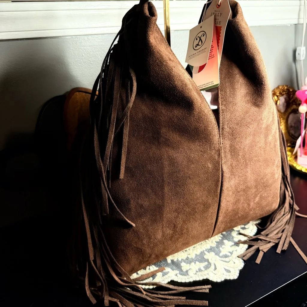 Divina Firenze Suede Fringe Hobo Bag Brown Made in Italy NWT - Image 3