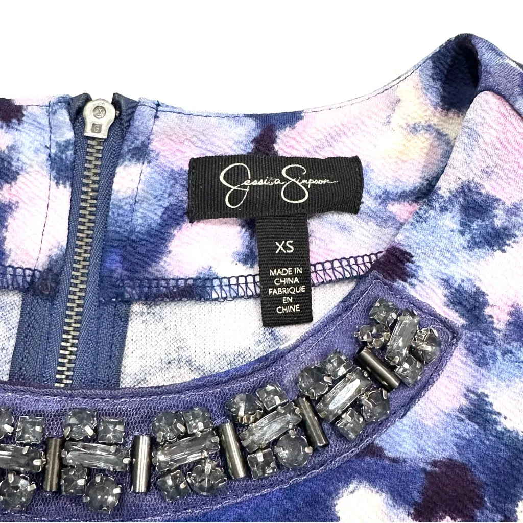 Jessica Simpson Purple Blue Floral Dress w. Rhinestone Neckline Embellishment - Image 4