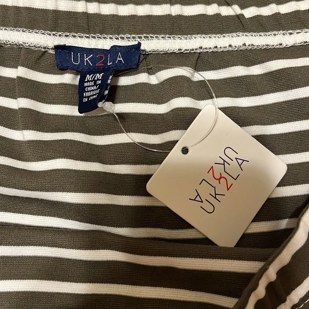 UK2LA Olive Green White Stripe Off The Shoulder Mini Bodycon Dress Medium - Image 4