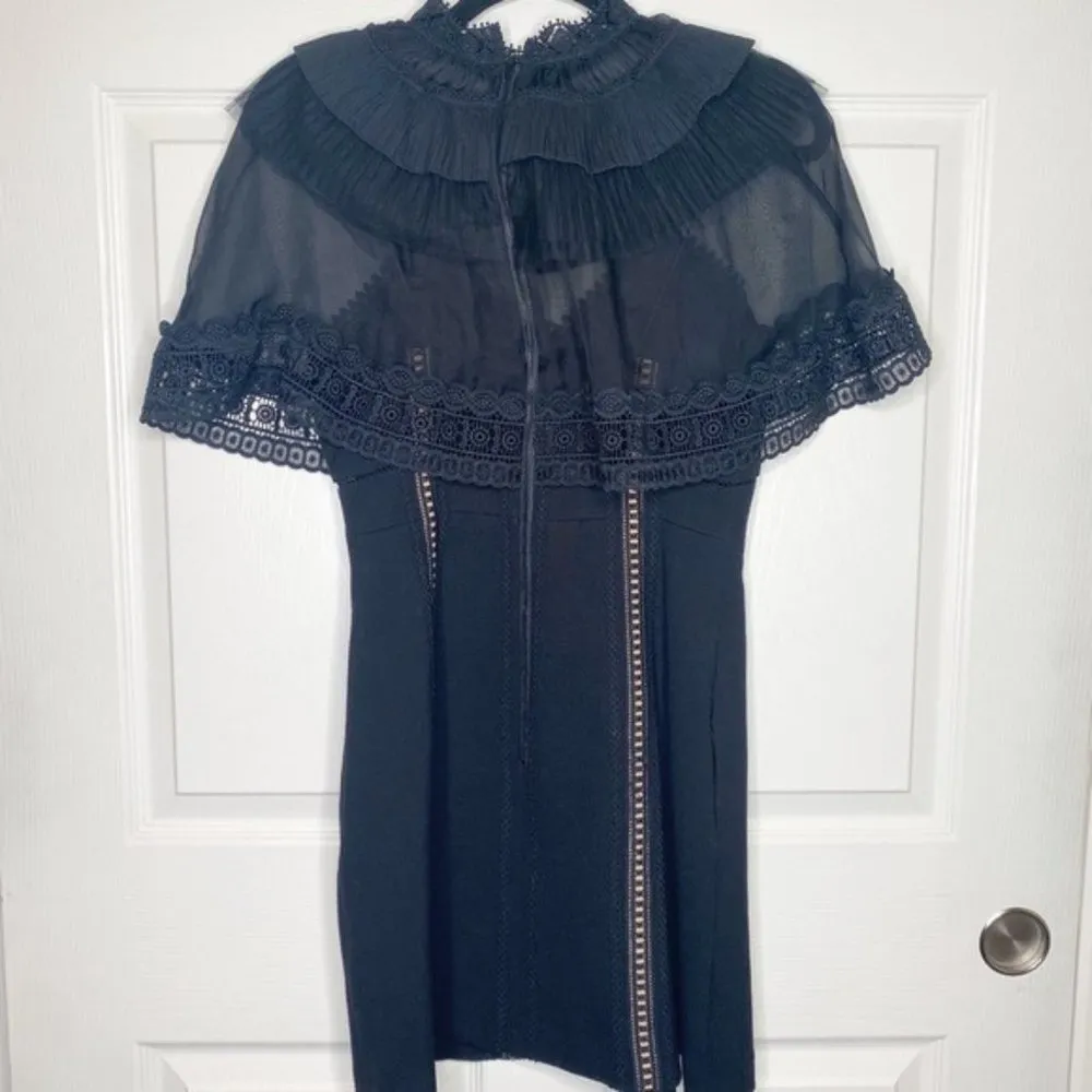 Self-Portrait Black Chiffon Cape Overlay Cady Mini Dress Size 4 - Image 14