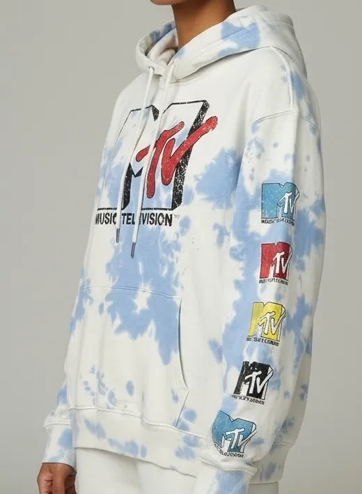 MTV Music Television Hoodie Sweatshirt Blue Tie Dye Graphic Medium - Image 1