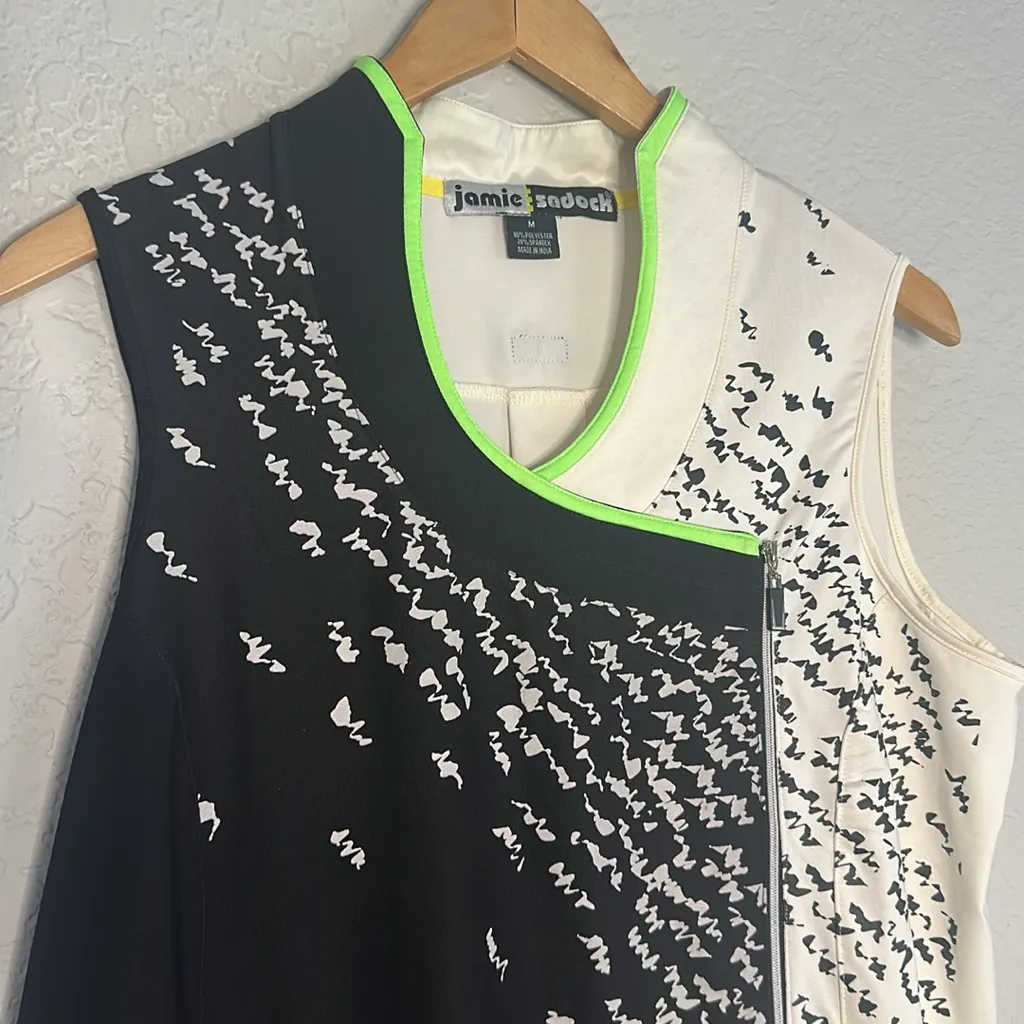 Jamie Sadock Golf Shirt Sleeveless Side Zip Black Cream Print Neon Trim Athletic Size M - Image 2