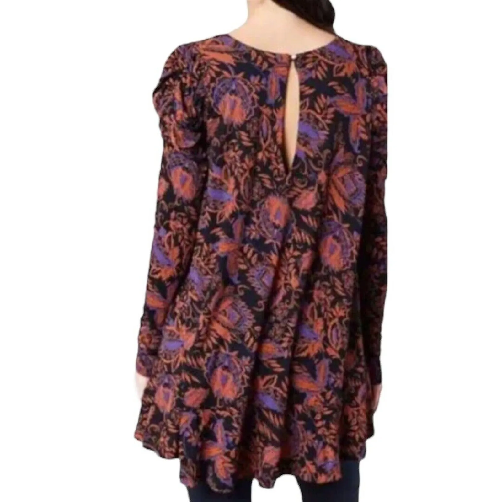 Free People Shirt Womens XS‎ Black Purple Noir Floral Print Hello Lover Bohemian - Image 9