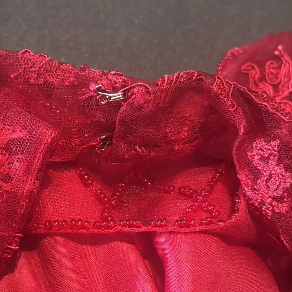 Women’s Red Tea Length Lace Appliqué Dress & Matching Chiffon Jacket Size 16 - Image 15