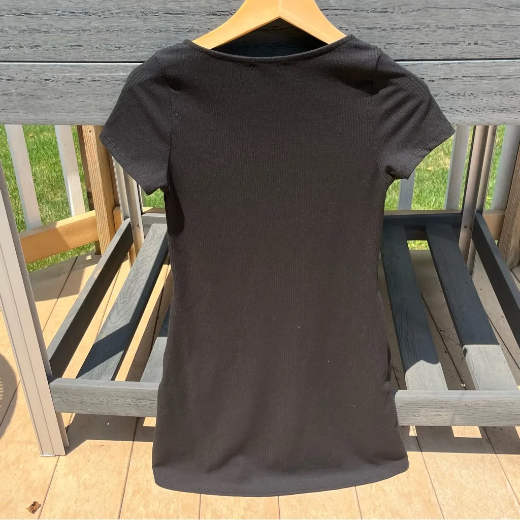 Aqua Bloomingdale’s Black Short Sleeve Ribbed Square Neck Dress w Pockets Size S - Image 4