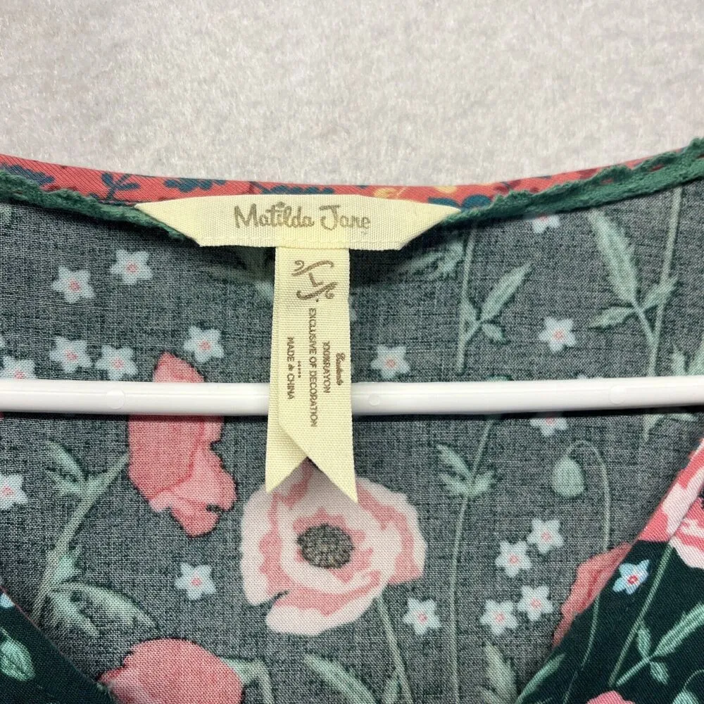 Matilda Jane Yesteryear Tunic Top Womens L Green Floral Button Down Long Sleeve - Image 2