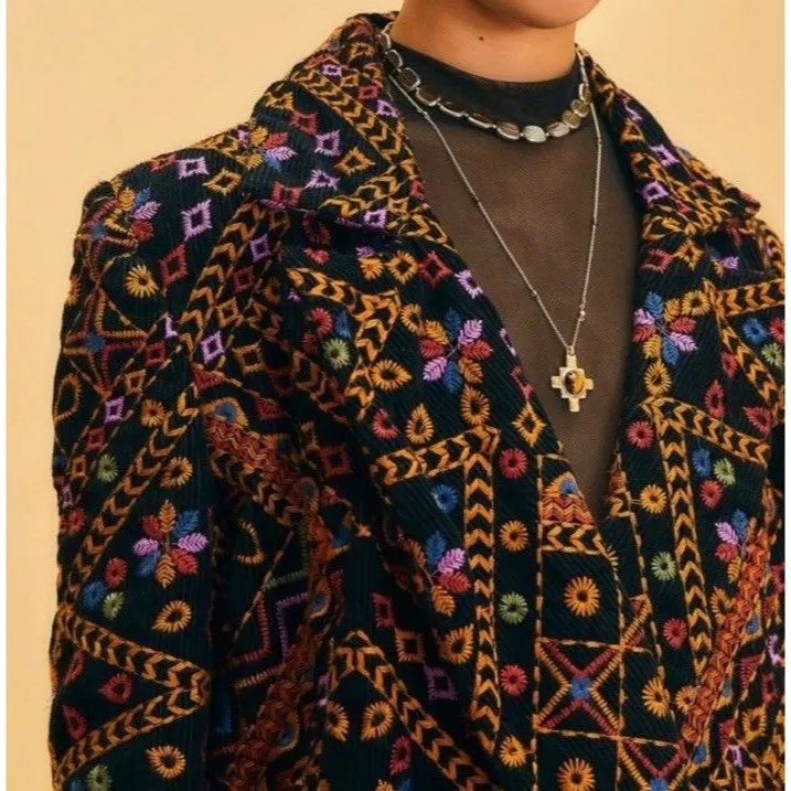 Farm Rio Jacket Womens XL Black Corduroy Embroidered Blazer Boho Floral Long New - Image 5