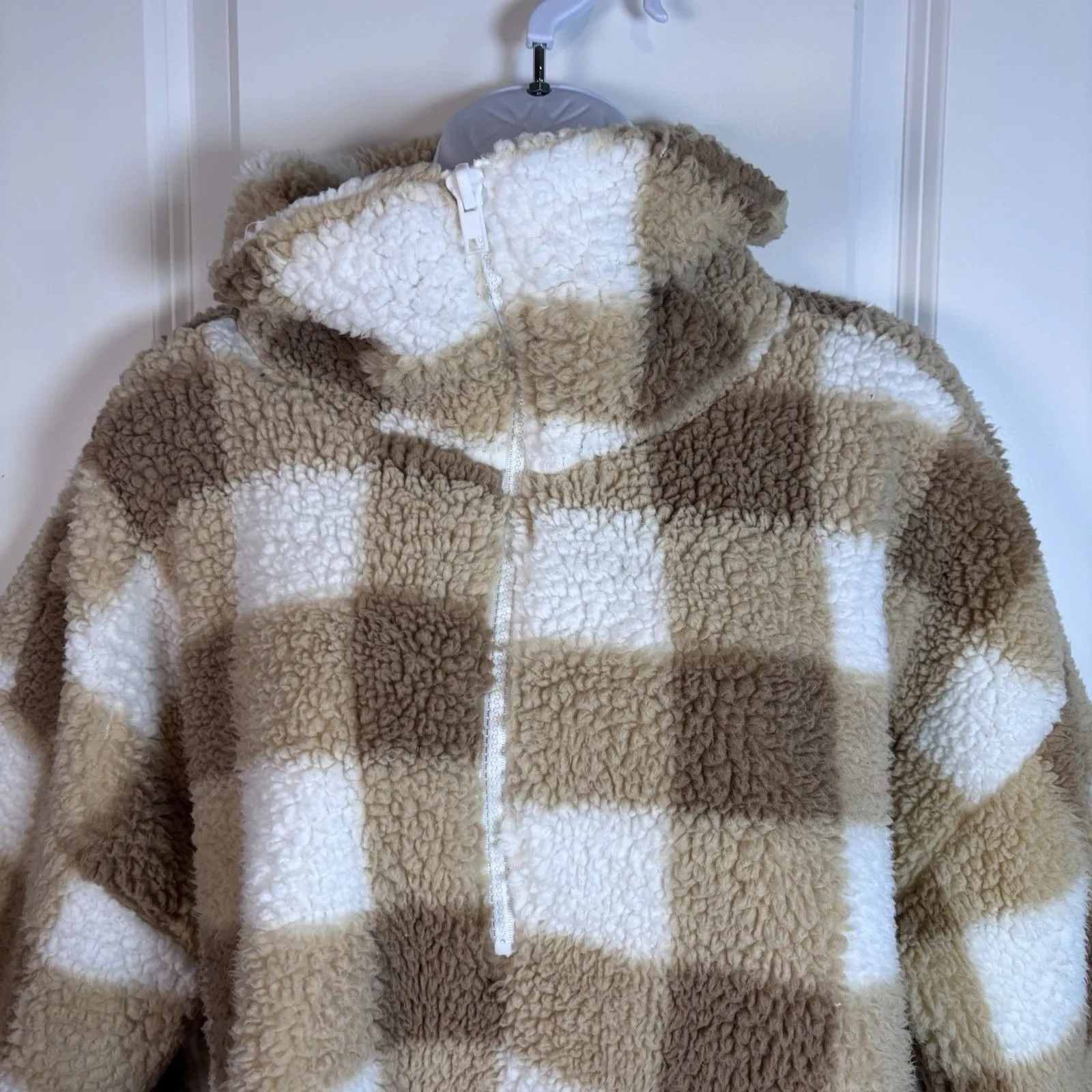 Dip Sherpa Fleece Plaid Pullover Tan & White Checkered Teddy Size 2XL 1/2 Zip Brown - Image 2