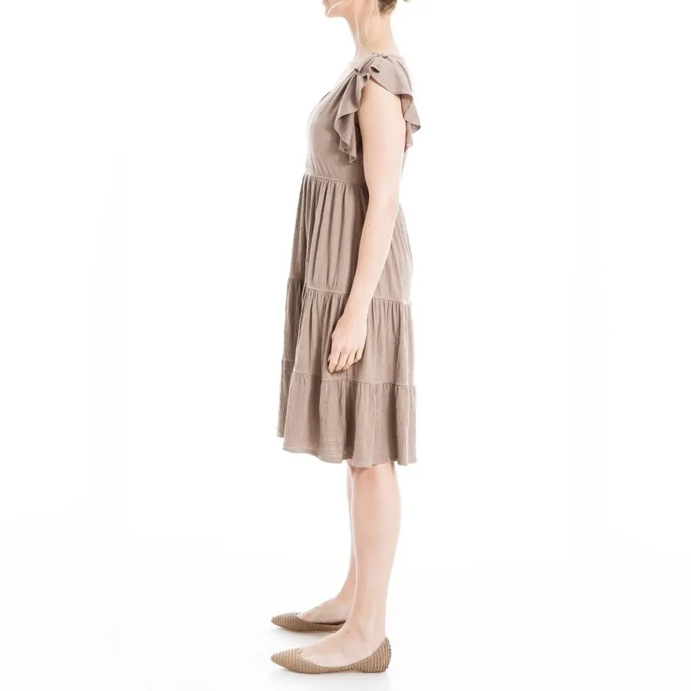 Max Studio Ruffle Cap Sleeve Tiered Jersey Babydoll‎ Dress-Mocha- Size Large NWT - Image 3