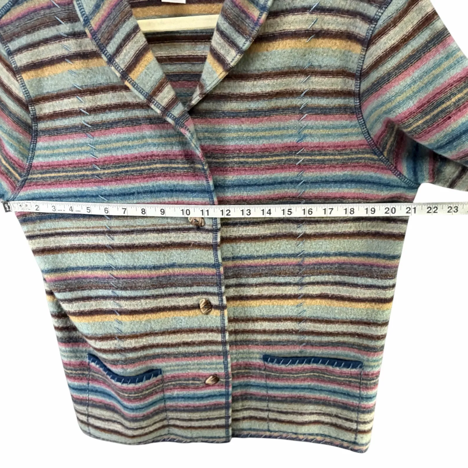 Vintage CLC Wool Sweater Jacket M Rainbow Stripe Shawl Collar Eclectic Boho Blue Size M - Image 6