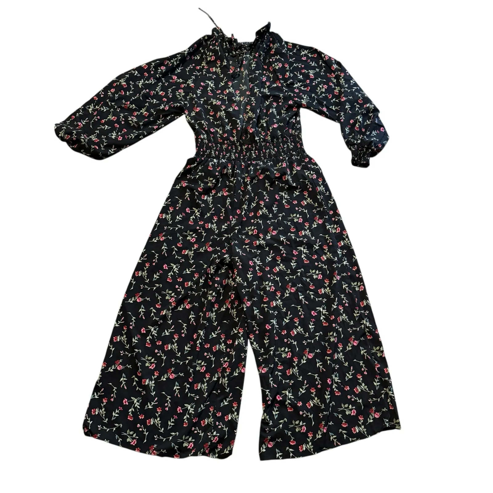 Asos Women's Jumpsuits Black Floral Puff Sleeve Smocked Waist Wide Leg Size 14 - Image 7
