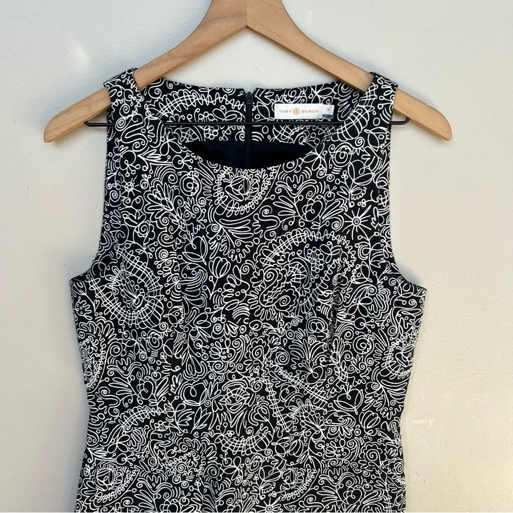 Tory Burch Paisley Doodle Print Sheath A-line Black and White Dress Size 10 - Image 6