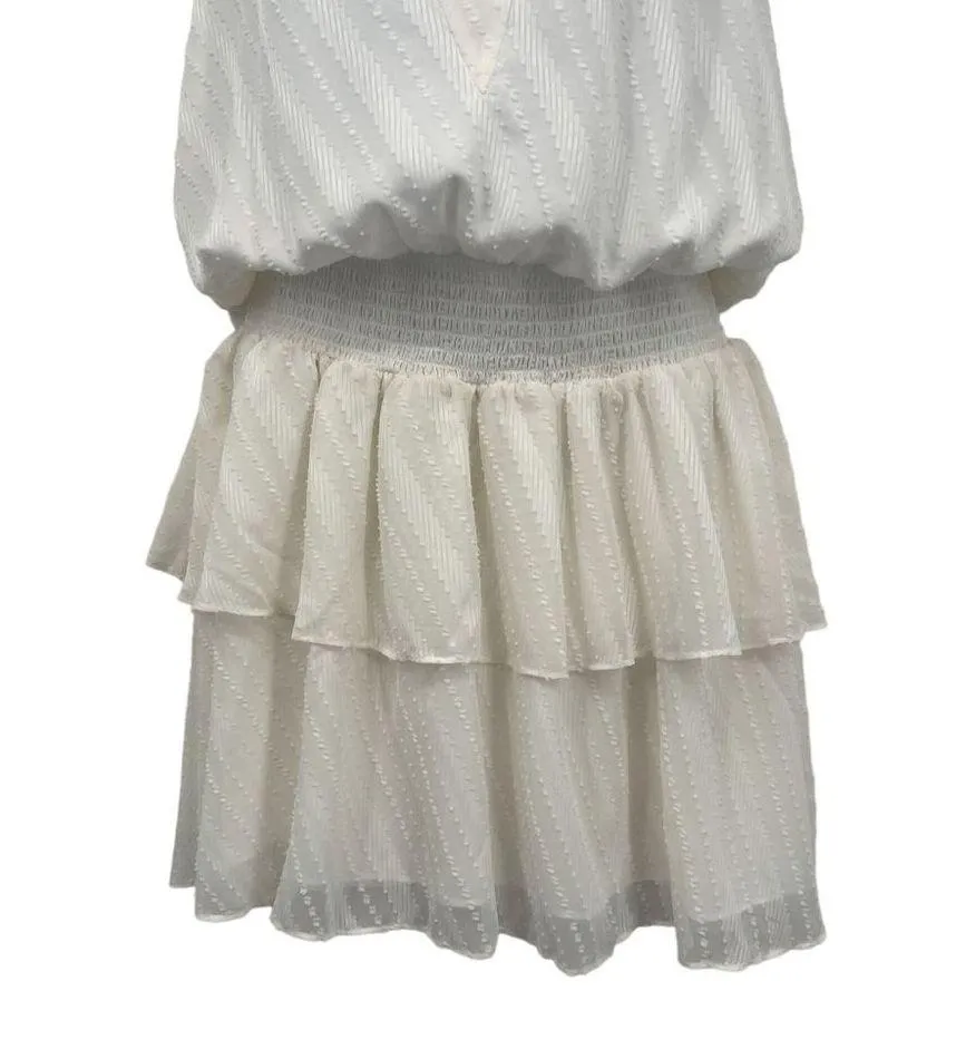 Ramy Brook Carl Deep V-Neck Smocked Tiered Textured Ruffle Mini Dress Ivory - Image 9