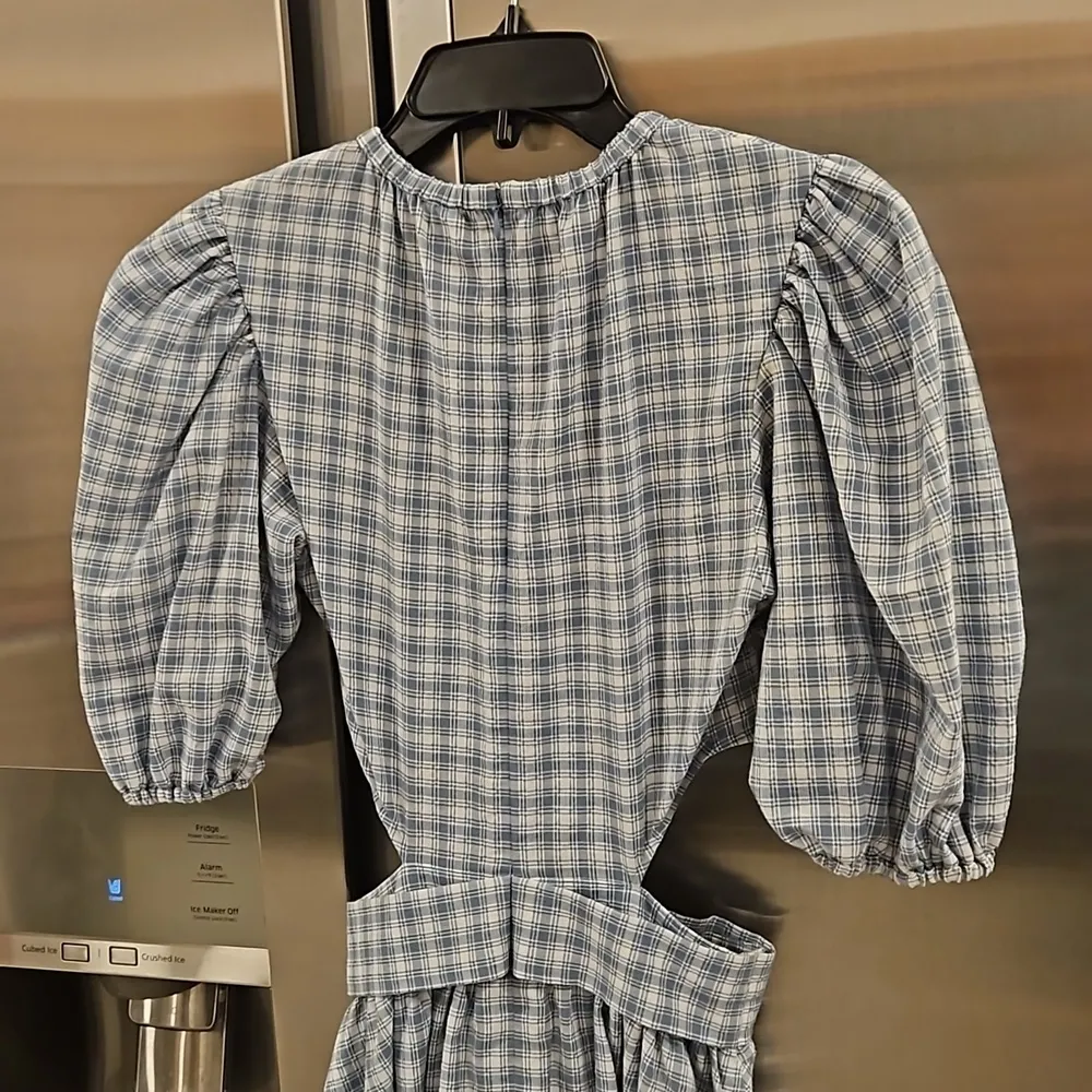 JONATHAN SIMKHAI Soo Seersucker Plaid Puff Sleeve Cutout Mini Dress Blue XS NWOT - Image 14