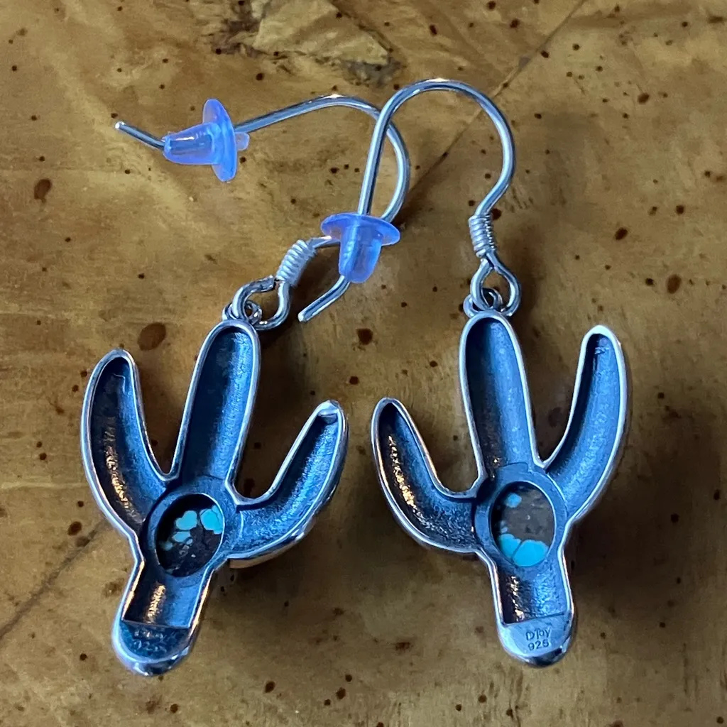 Natural Blue Moon Turquoise Cactus Earrings Silver - Image 4