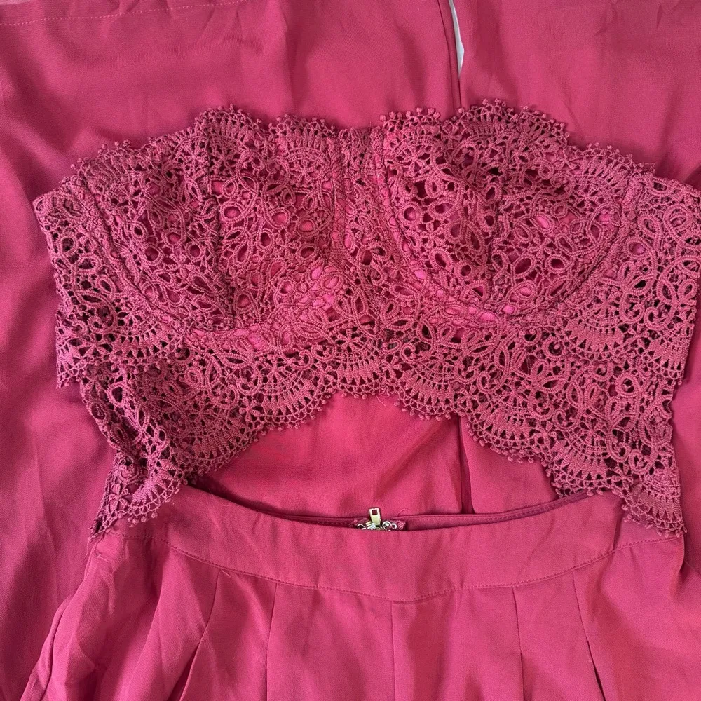 Burgundy Maroon Lace Top Bare Midriff Open Back Jumpsuit Wide Leg Sheer Overlay - Image 4