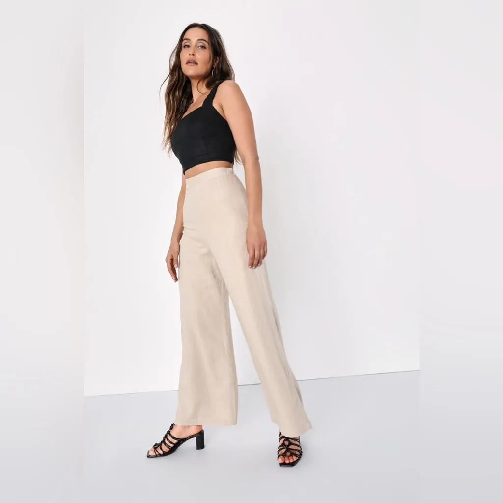 NWT Lulus Breezy Times Ahead High Waist Wide Leg Linen Blend Pants Medium - Image 6