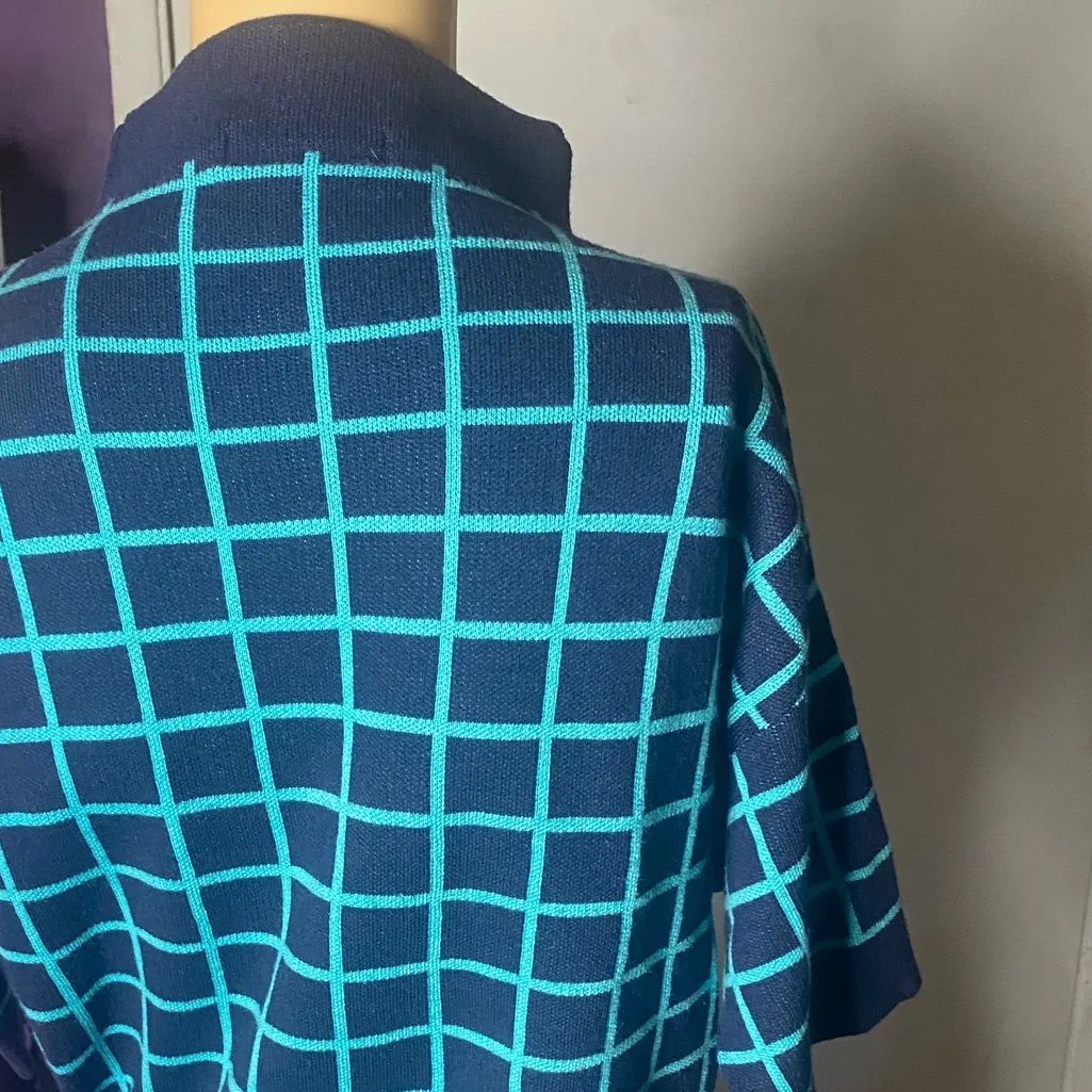Vintage Christian Dior Paris Teal & Navy Blue Grid Print Knitted Top fits L/XL - Image 5