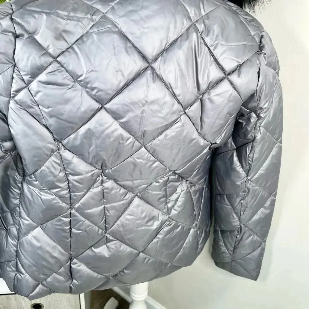 Sebby Collection Grey Silver Quilted Puffer Coat Black Faux Fur Trim NEW Sz S - Image 10