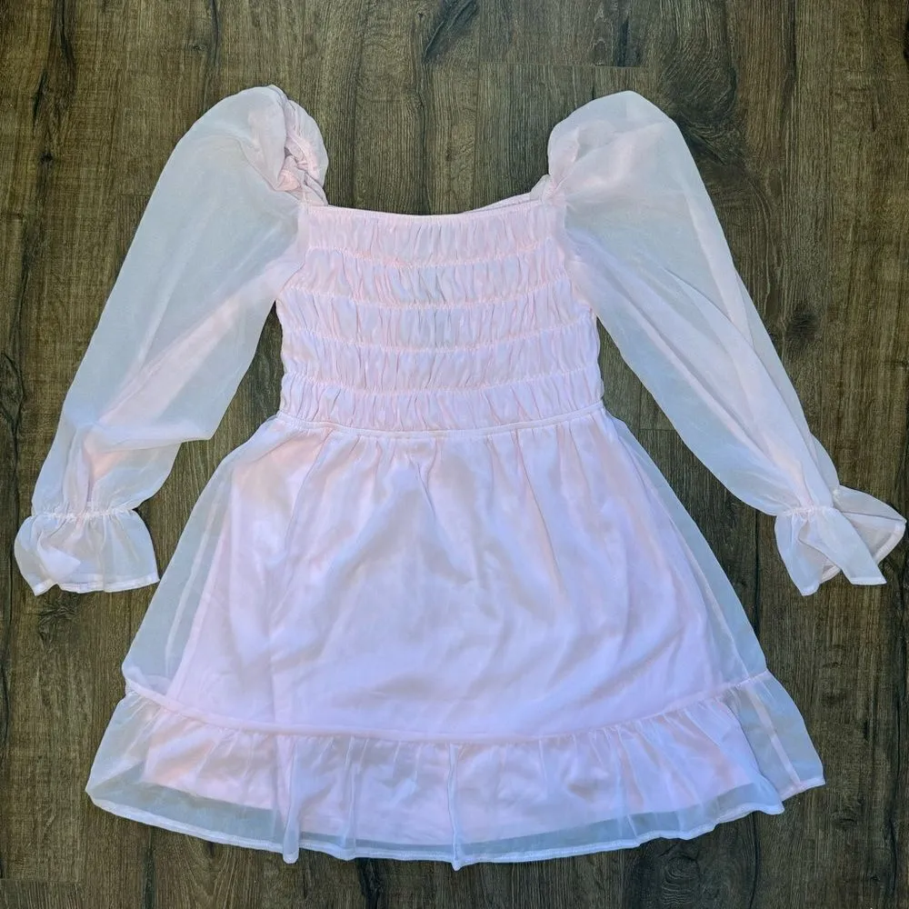 Eilly Bazar Baby Pink Shirred Flounce Sleeve Ruffle Hem Chiffon Dress Size L - Image 7