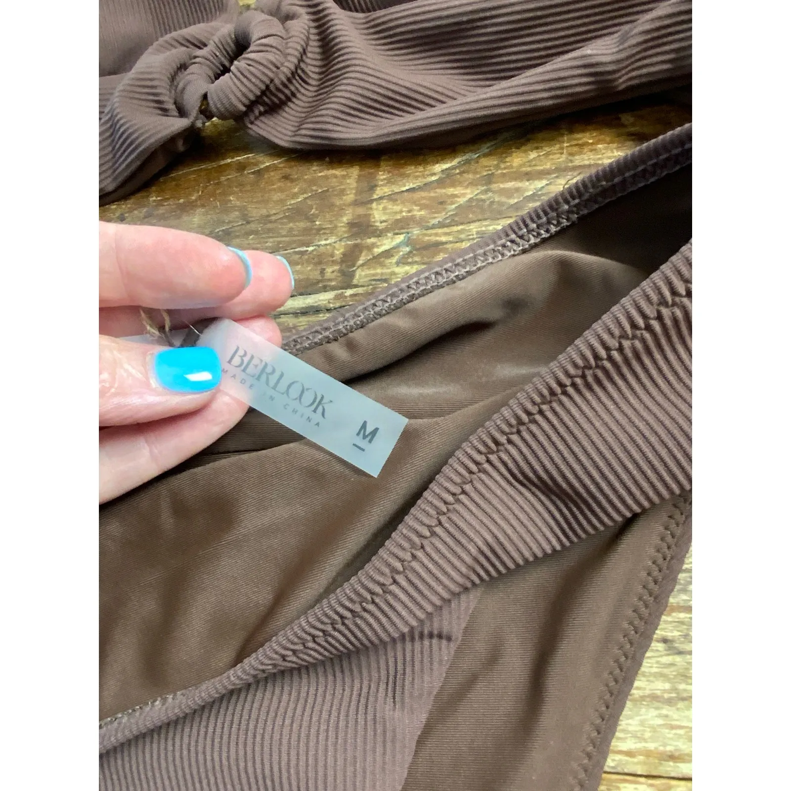 Berlook‎ Dark Coffee Back Tie Bikini Top and Ribbed High Cut Bikini Bottom NWT Brown Size M - Image 6