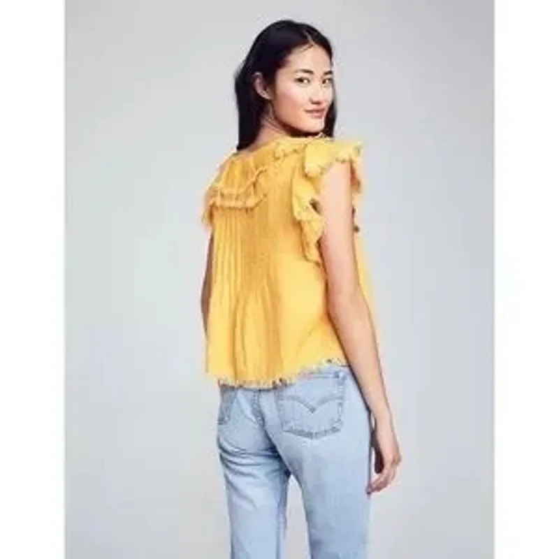 Faherty Yosepha Marigold 100% Linen Fringe Ruffle Top Size M - Image 2