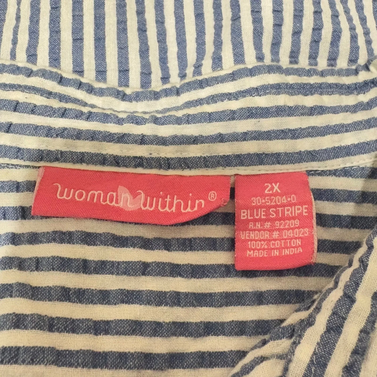 Woman Within Womens Button Top 2X Blue Stripe Seersucker‎ Cotton Coastal Beachy - Image 4