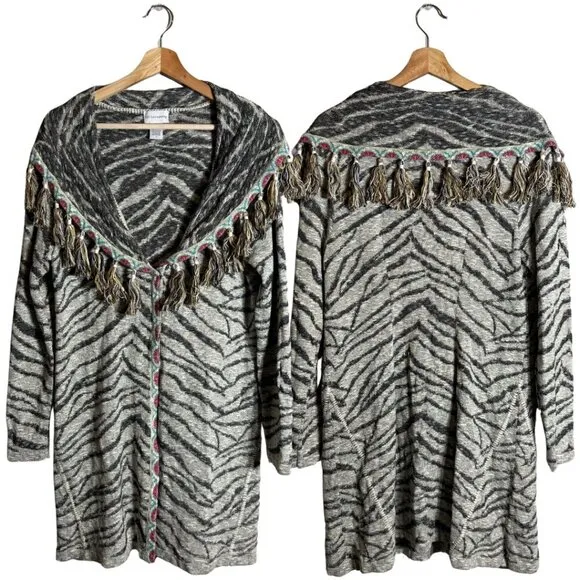 Soft Surroundings Zebra Print Fringe Knit Cardigan Sweater Women's Medium Shawl - Image 2