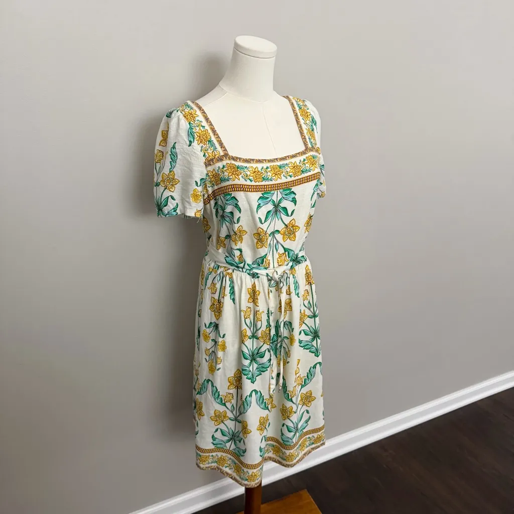 Draper James Dress Floral Linen Blend Square Neckline Lined Prairie Yellow Green - Image 2