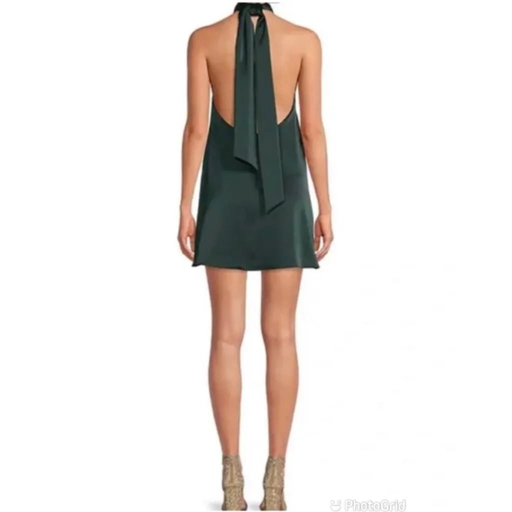 GIANNI BINI Green Satin Halter Mini Dress Backless Mod 60s Minimalist‎ Large New - Image 5