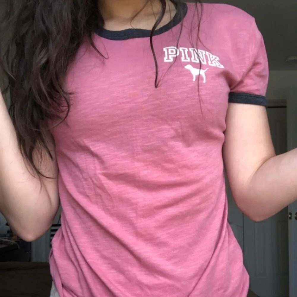 VS PINK VICTORIA'S SECRET Ringer Tee Rose Mauve Pink Spellout Logo Short Sleeve - Image 4