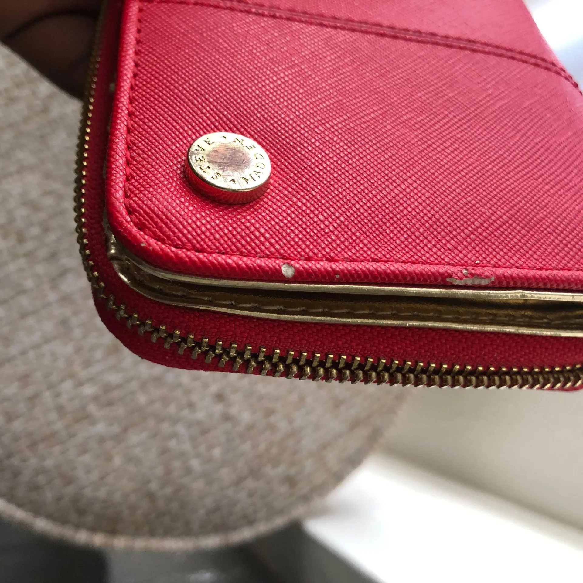 red leather wallet with gold zipper and snap closure, featuring card slots and coin pocket. - Image 4
