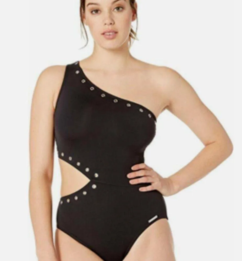 Michael Kors Side Cut Out One Shoulder Black Grommet Swimsuit Grunge Luxe 10 - Image 7