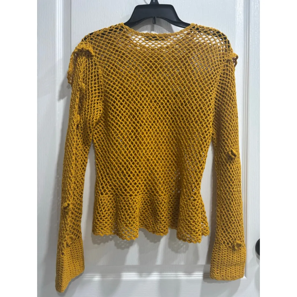 Zara Ruffled Crochet Knit Peplum Long Sleeve Top, Mustard, Women’s Size Small - Image 7