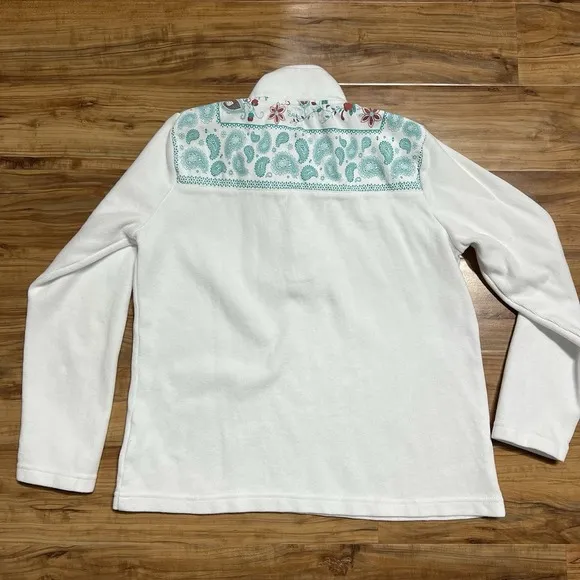 Orvis Women's M White Long Sleeve Polo Paisley Button‎ Floral cotton Sweatshirt - Image 6