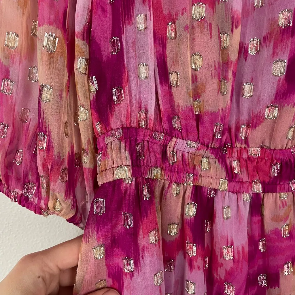 Loft Floral Ikat Clip Balloon Sleeve Off‎ The Shoulder Midi Dress S Metallic - Image 6