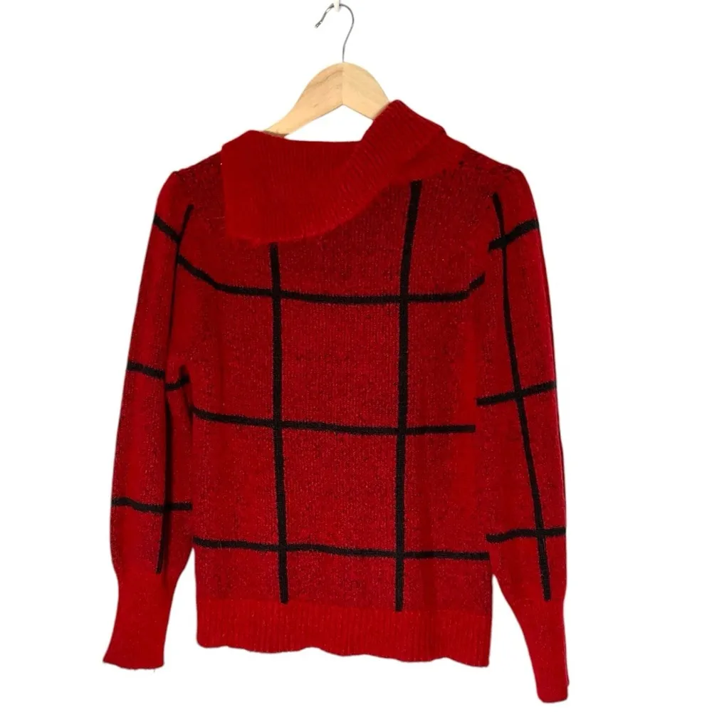 Vintage Adrienne Vittadini Sweater large red Windowpane‎ Collared Button Knit - Image 2