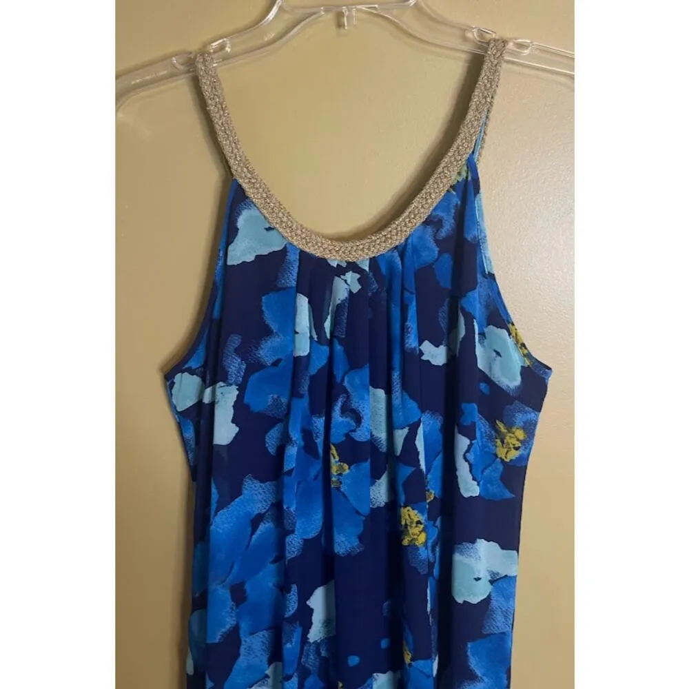 Charming Charlie Blue Floral Gold Braid Halter Neckline Maxi Dress Size Medium - Image 2