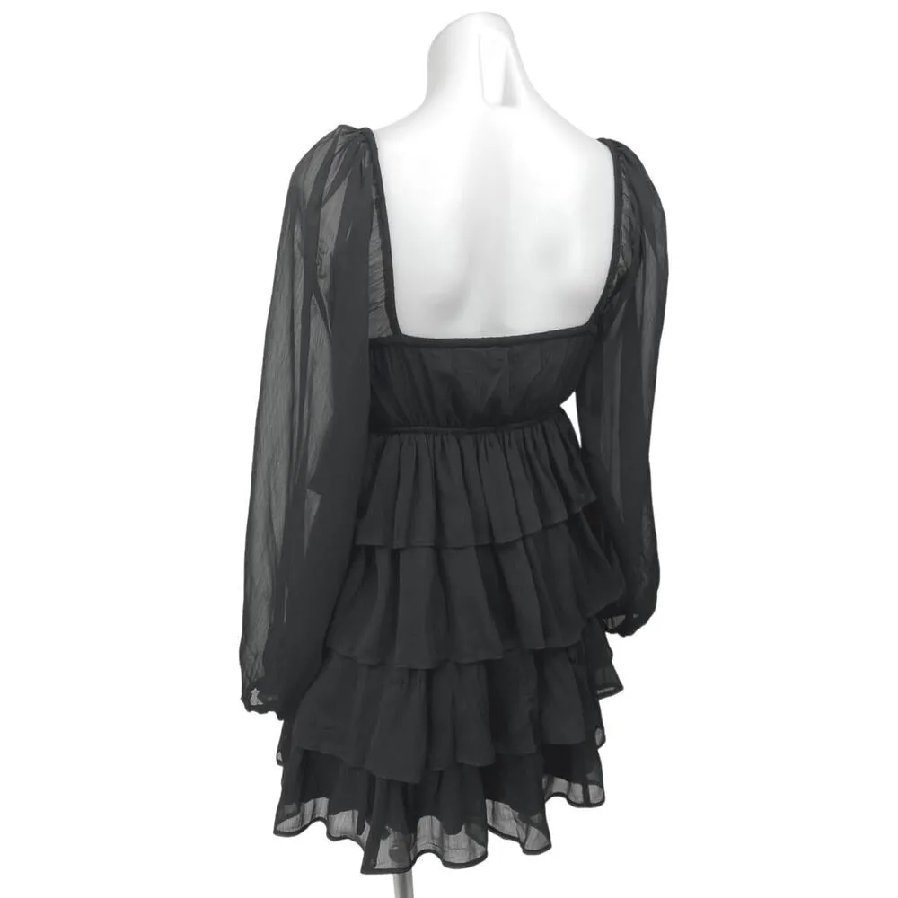 Abercrombie & Fitch Black Mesh Long Sleeve Ruffle Tiered Flounce Mini Dress Sz S - Image 2